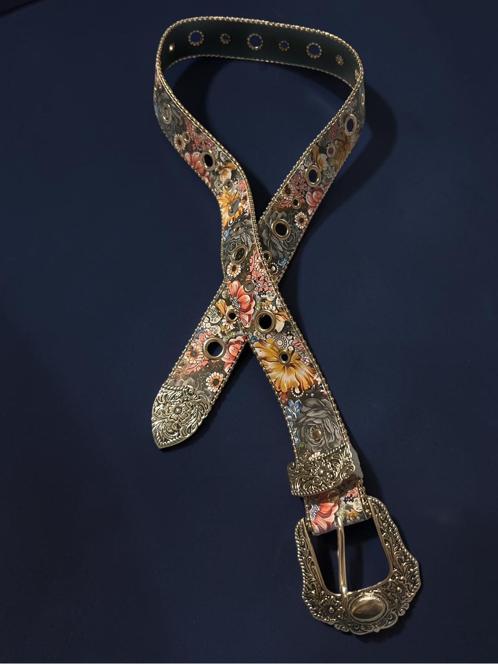 NWT  Floral Embossed Western Belt with Ornate Buckle - Multicolor